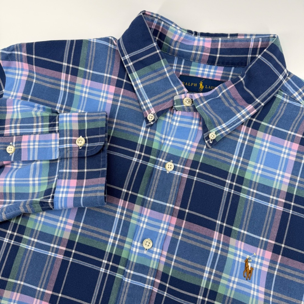 Ralph Lauren Button Down Shirt Mens XL Blue Pink Plaid Long Sleeve Flesh Pony